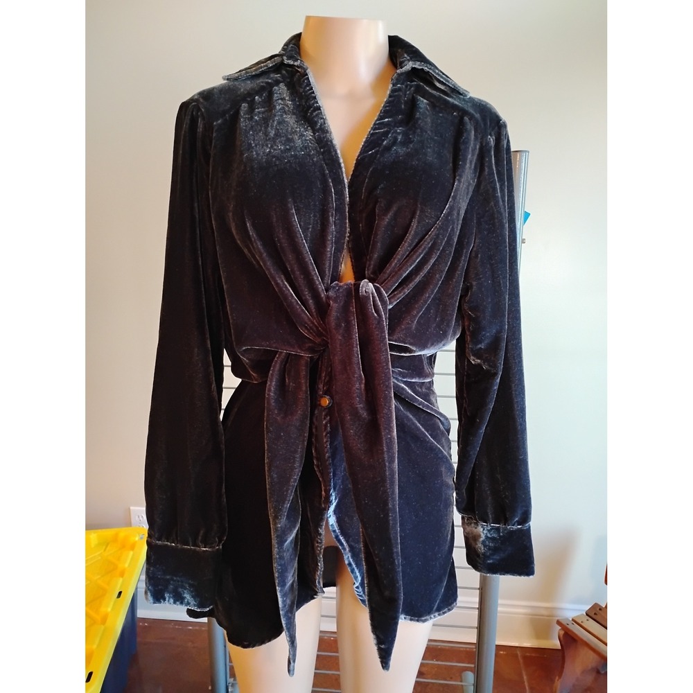 Free People World Apart Velvet Tunic Top Gray Tie Front Button Down Shirt Womens